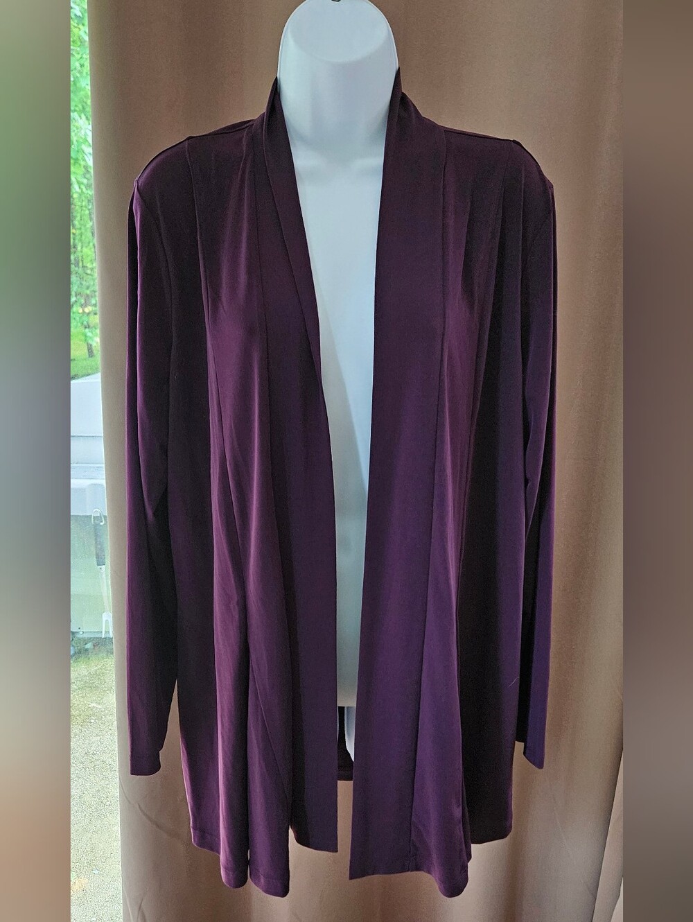 Susan Graver Liquid Knit Open Front Cardigan Purple Size L Godet Drape EUC